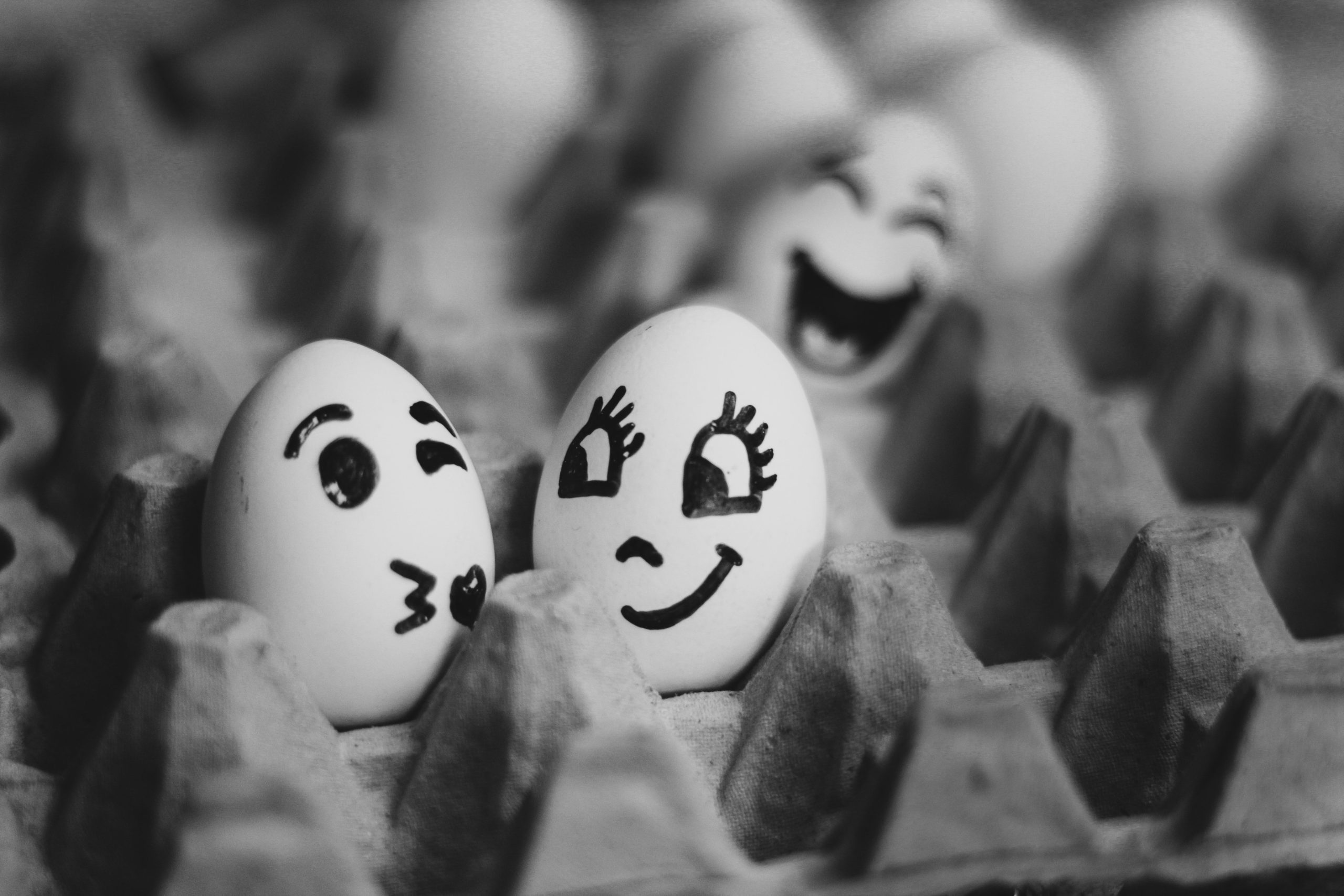 zwei Eier mit aufgemalten geischtern lächeln sich an